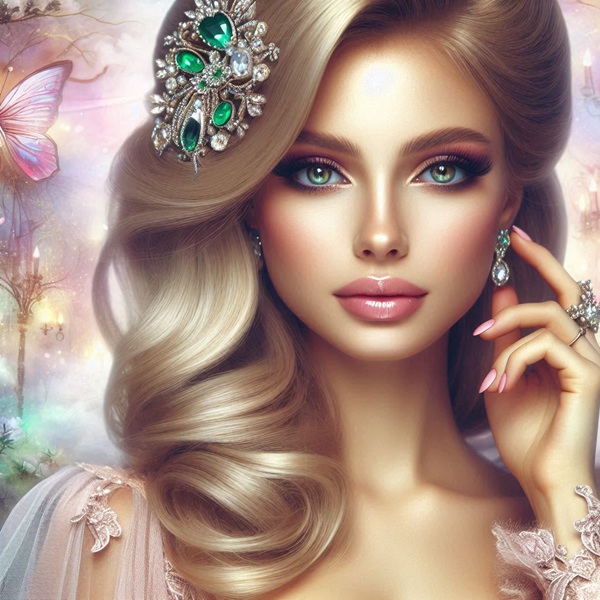 femeie cu parul lung blond cu bucle duce mana la chip