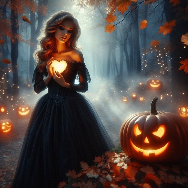 femeie in rochie lunga neagra tine in mana o inima pe fundal halloween