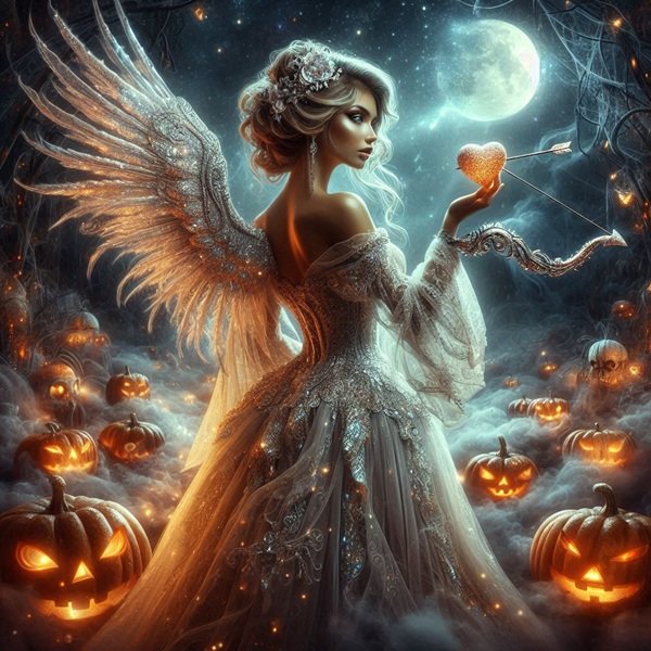 femeie in rochie alba costumata in inger tine in mana o inima pe fundal de halloween