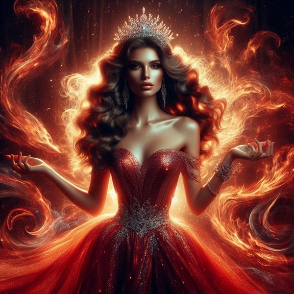 femeie cu parul lung negru imbracata in rochie rosie cu o coroana pe cap