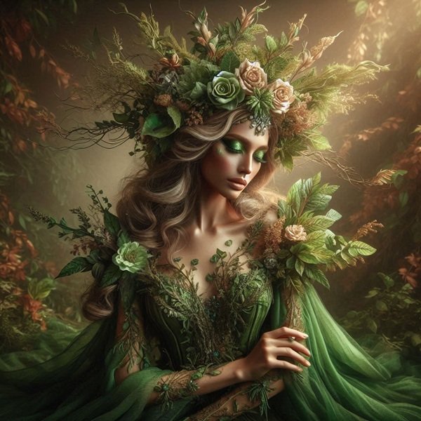 femeie blonda in rochie verde vaporoasa cu o coroana pe cap
