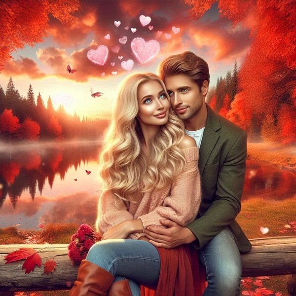 un barbat saten tine in brate o femeie blonda pe o banca in parc pe fundal tomnatic