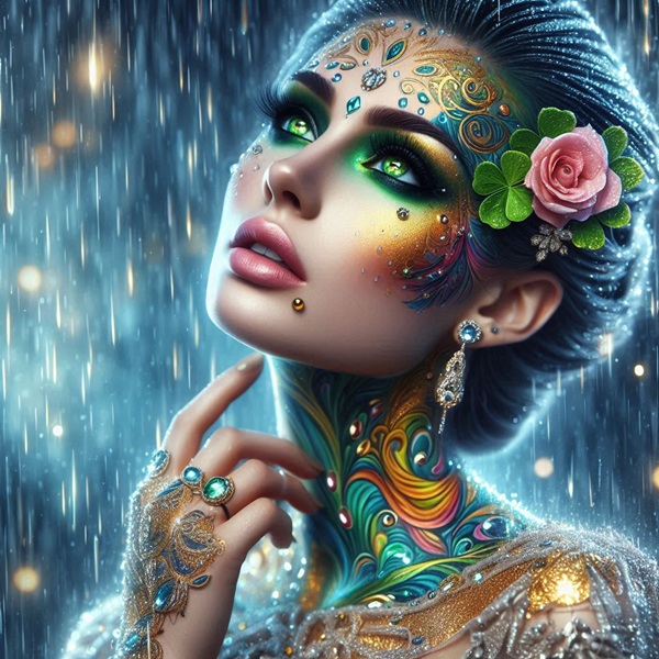 femeie cu floare in par si tatuaj colorat pe fata se uita in sus cum ploua