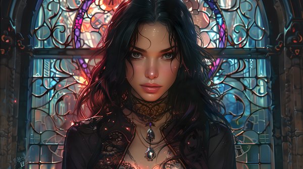 femeie cu parul lung saten priveste spre camera in spate se afla un vitraliu