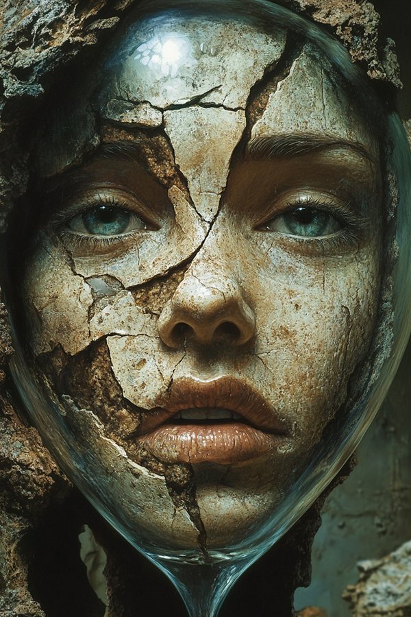 femeie cu fata crapata intr-o bula de sticla