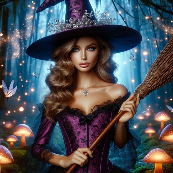 vrajitoare imbracata in mov cu matura in mana