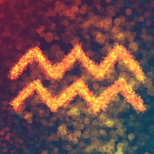 reprezentare a zodiei varsator cu galben pe fundal mov