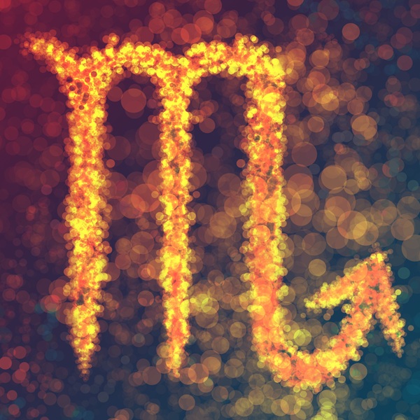 reprezentare a zodiei scorpion cu galben pe fundal mov