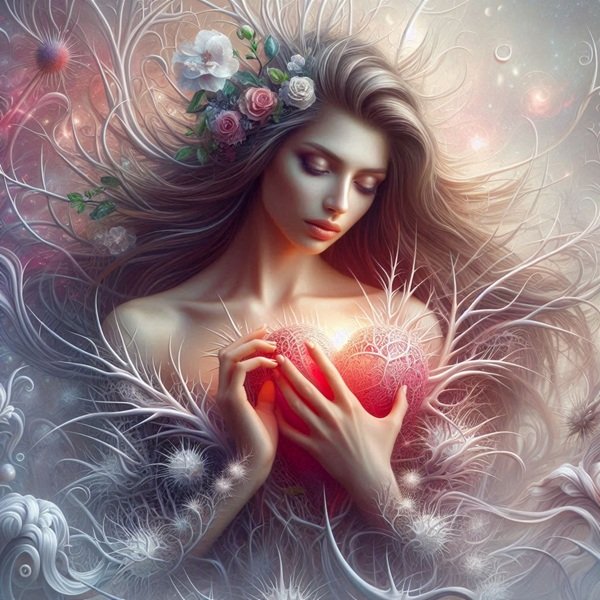 femeie care tine in mana o inima de culoare rosie printre spini