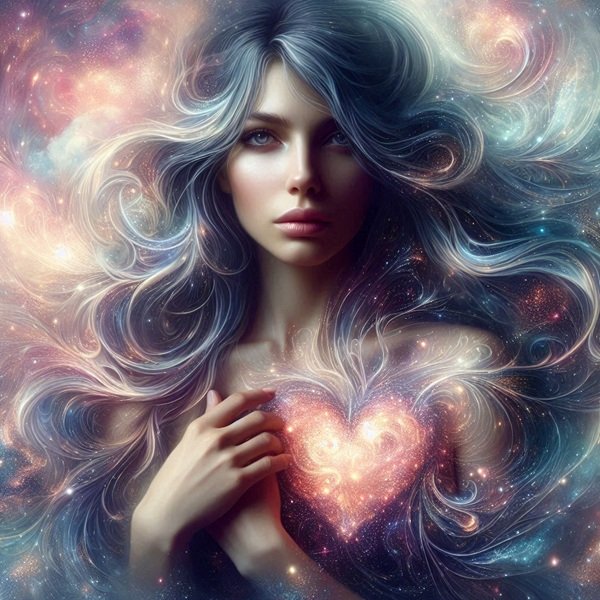 femeie cu parul lung care tine in mana o inima rosie