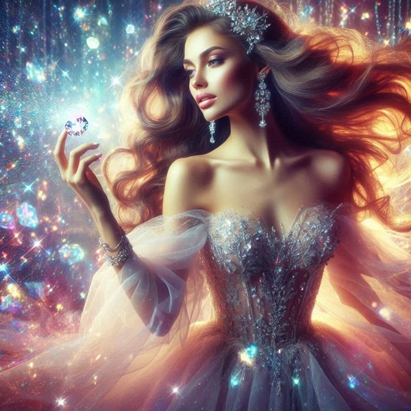 femeie satena imbracata in rochie alba tine in mana un diamanty