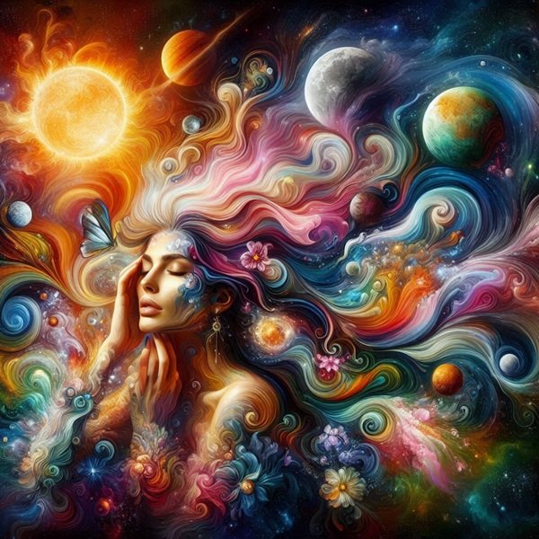 chip de femeie printre astre si planete colorate