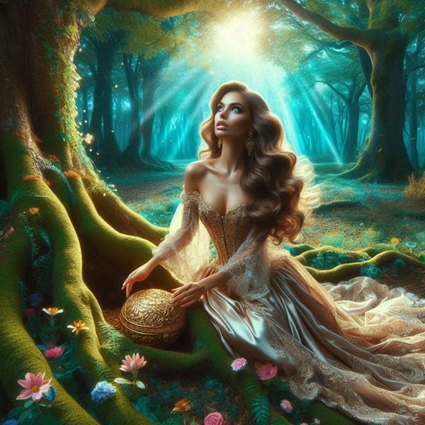 femeie cu parul lung in padure descopera o comoara cu bani