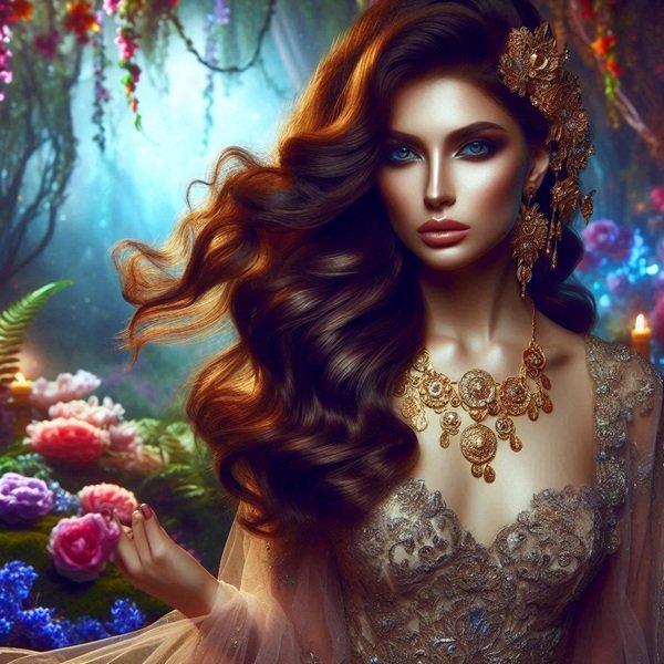 femeie frumoasa cu parul lung si salba de aur la gat 