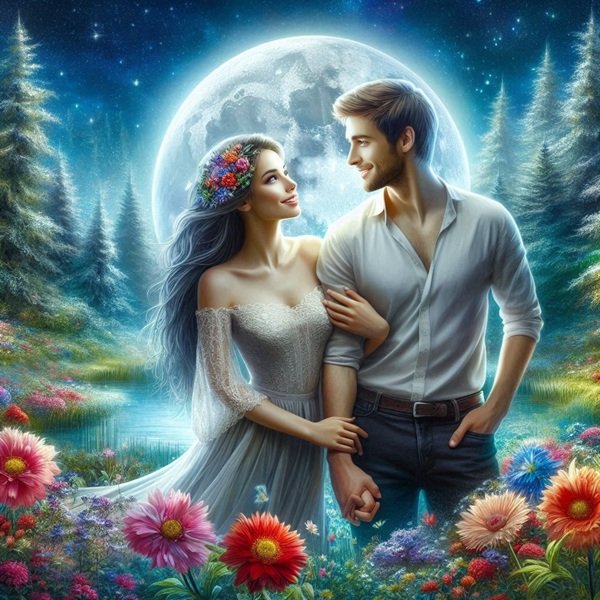 femeie in rochie alba si barbat in camasa alba merg prin padure cu flori noaptea cu luna plina