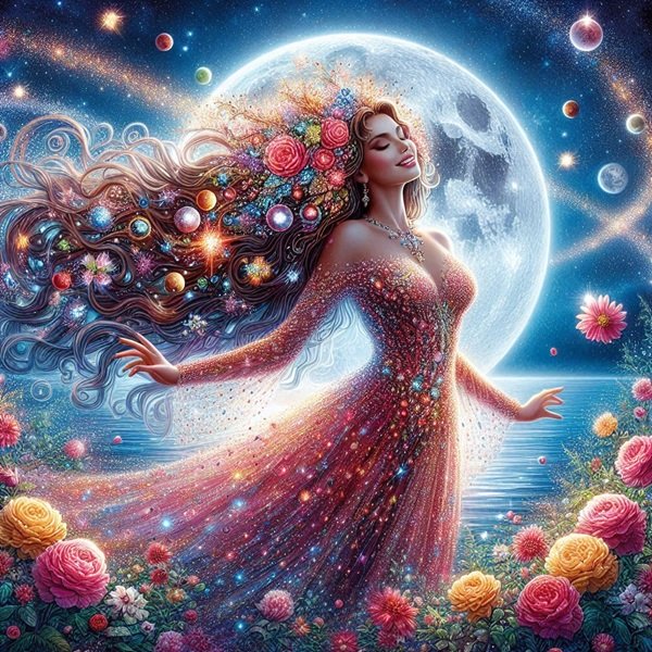 femeie frumoasa cu flori in par si pe rochie pe fundal de luna plina