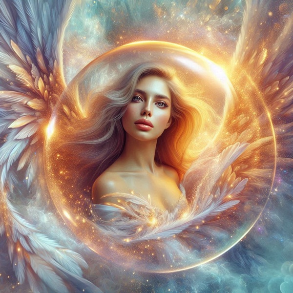 femeie blonda cu aripi de inger in bula de lumina