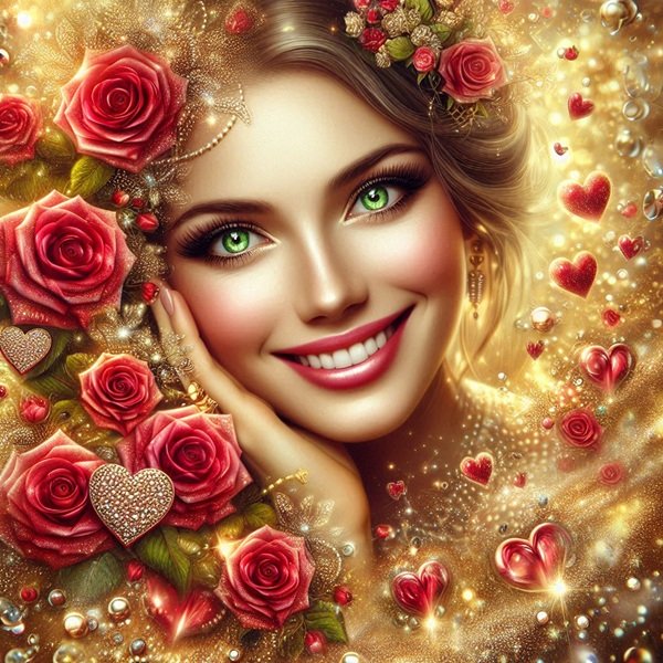 femeie frumoasa cu parul saten si machiaj inconjurata de trandafiri rosii