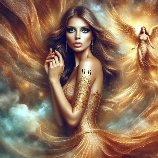 femeie in rochie aurie cu tatuaj 11 11 pe mana