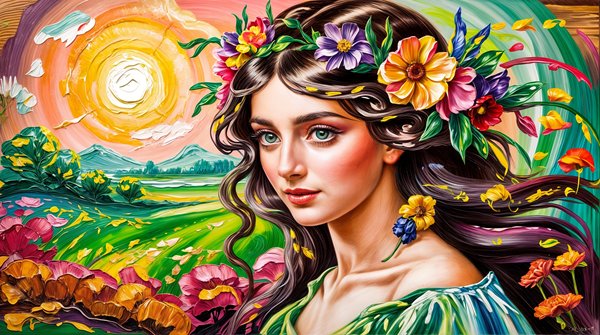 femeie cu flori in par pe fundal cu flori