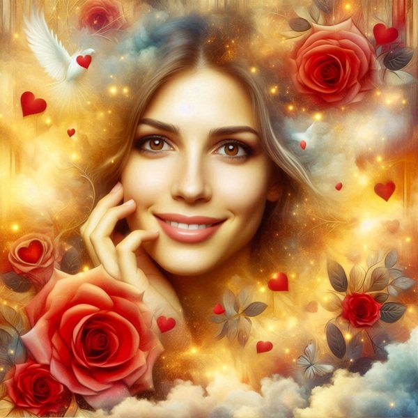 femeie blonda inconjurata de nori aurii si de porumbei tine in mana trandafir rosu