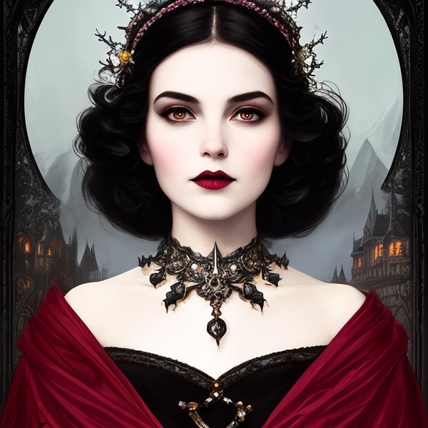 femeie cu parul negru pielea palida imbracata in rochie rosie