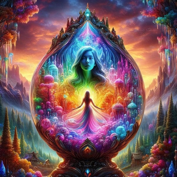 imagine cu o femeie care priveste intr-o bula curcubeu spre viitor