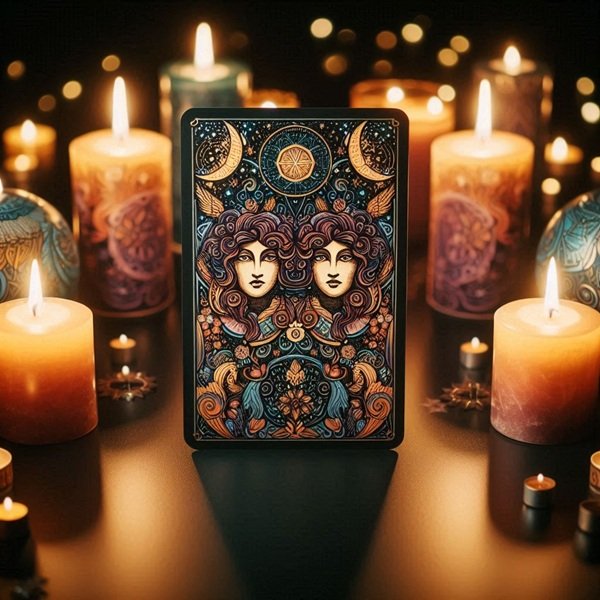 zodia gemeni pe o carte de tarot inconjurata de lumanari