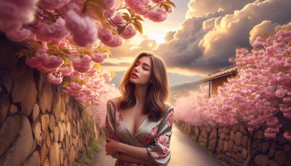 femeie se plimba pe o strada cu ciresi inflorit