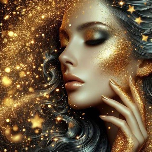 femeie cu machiaj auriu inconjurata de stele tine ochii inchisi