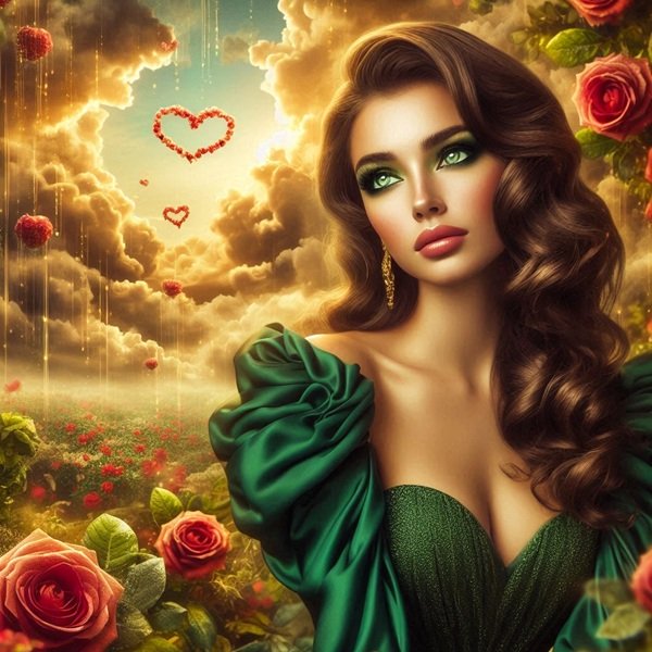 femeie in rochie verde cu parul saten lasat pe spate priveste trandafiri