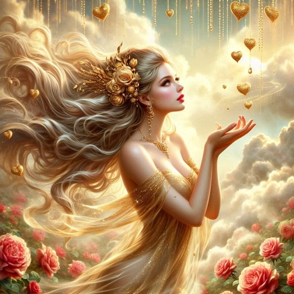 femeie cu parul saten si rochie aurie priveste spre cer la o inima aurie