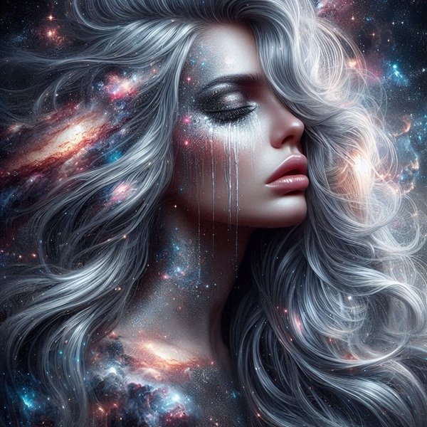femeie cu parul blond pe fundal galaxy care plange