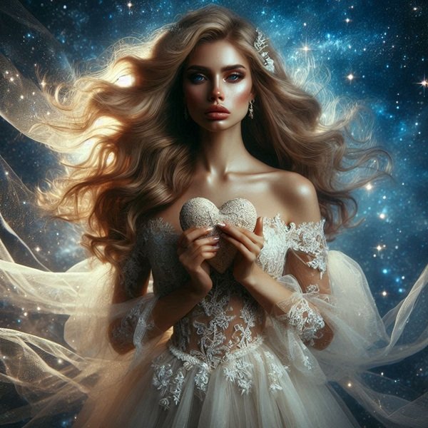 femeie satena cu parul lung in rochie alba vaporoasa tine o inima in mana