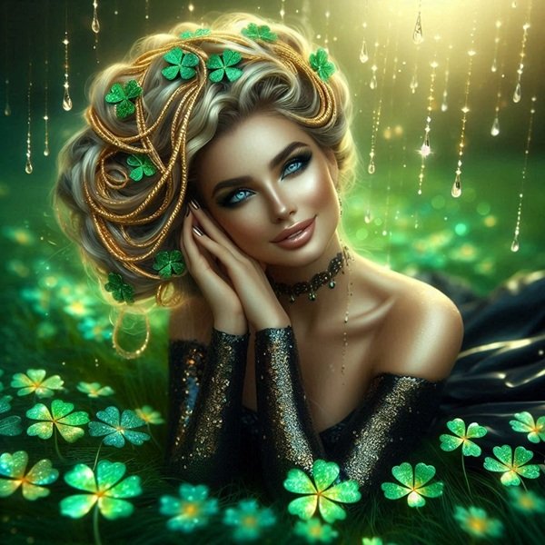 femeie blonda cu parul in coc rochie neagra inconjurata de trifoi