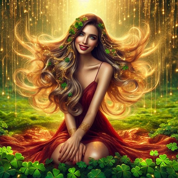 femeie blonda cu parul lung in rochie rosie pe un camp cu trifoi verde sub ploaie de aur