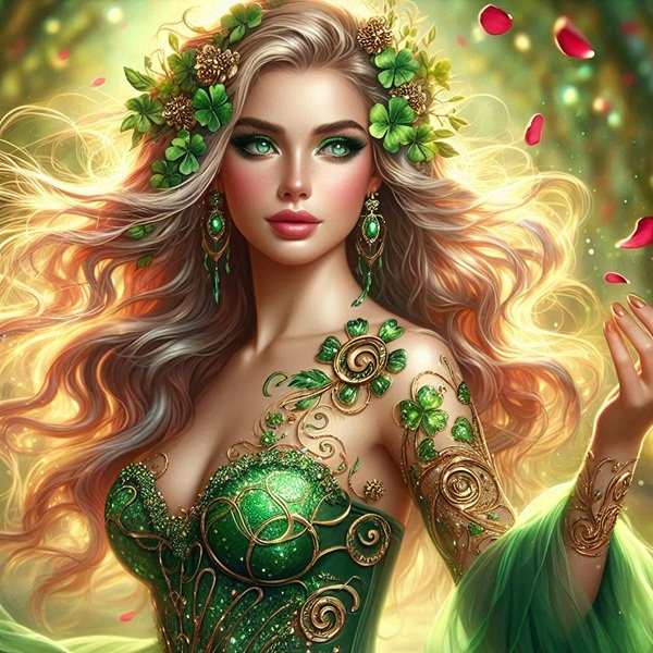 femeie cu parul saten si ochii verzi imbracata in rochie verde