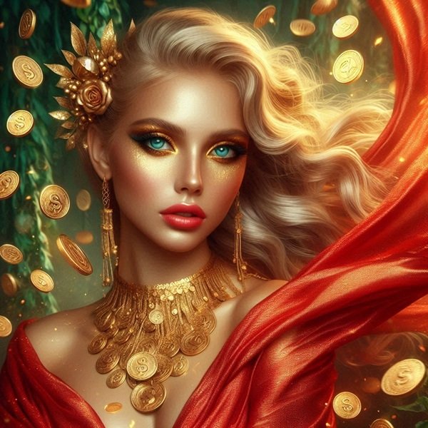 femeie cu salba de aur la gat blonda cu parul lung imbracata in rochie rosie