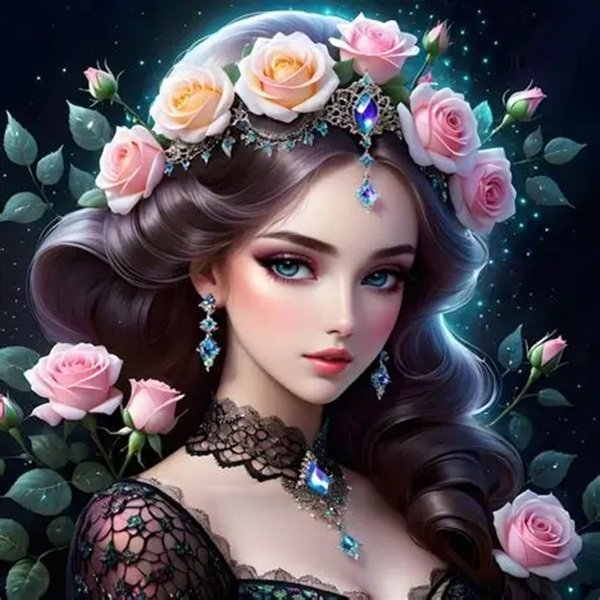 femeie satena cu flori roz in par si rochie neagra