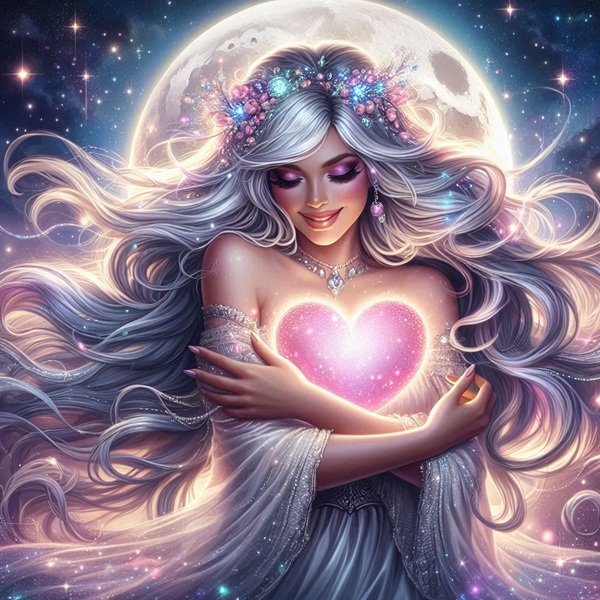 femeie cu parul lung pe fundal de luna plina tine o inima roz stralucitoare in brate