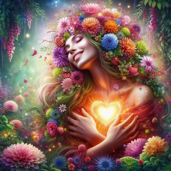 femeie cu parul lung si flori in par tine in mana o inima stralucitoare