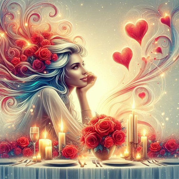 femeie sta la o masa cu lumanari aprinse in fata