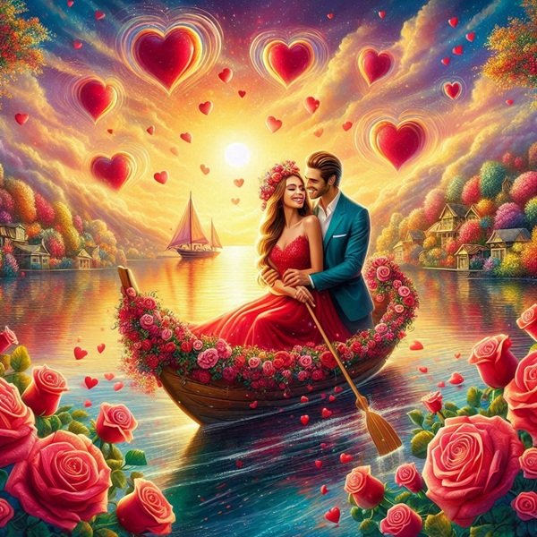 cuplu format din barbat si femeie pe o barca a iubirii pe apa