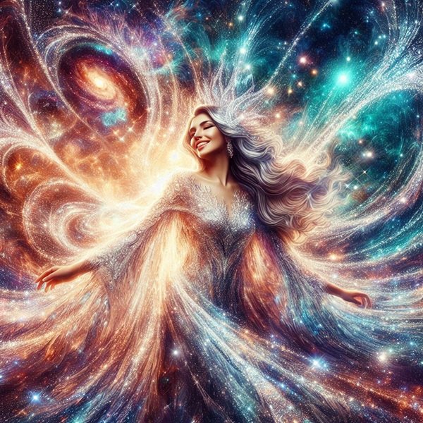 femeie imbracata in rochie alba pe fundal fantasy