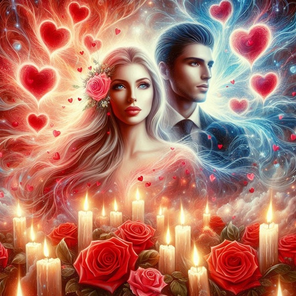 cuplu format din barbat si femei intre lumanari aprinse si inimioare
