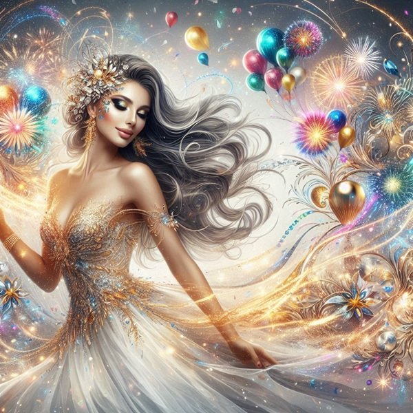 femeie cu parul gri si rochie alba face o pirueta inconjurata de baloane si artificii