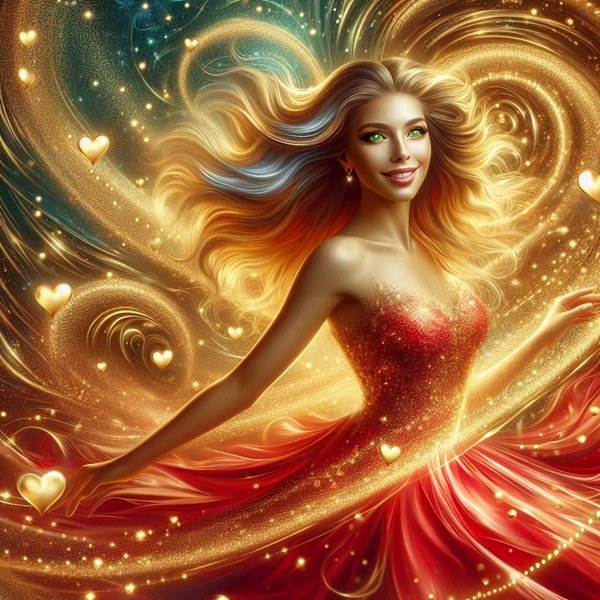 femeie blonda in rochie rosie danseaza