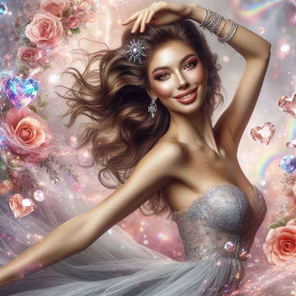 femeie cu par saten si rochie gri este fericita si face o pirueta