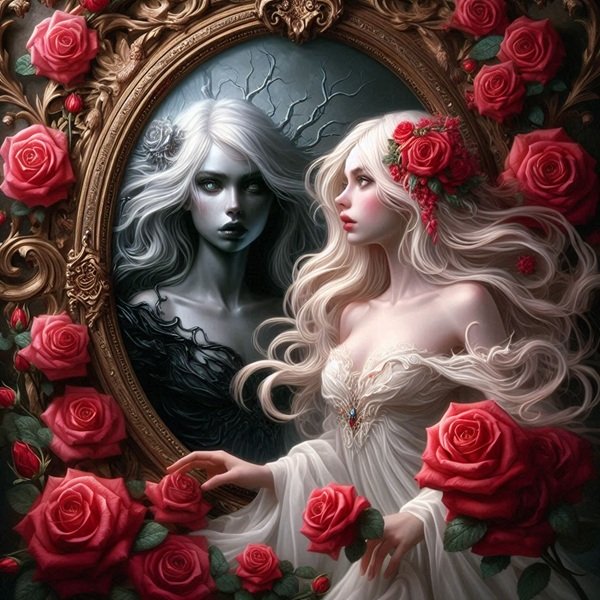 femeie blonda se uita in oglinda si vede o fantoma