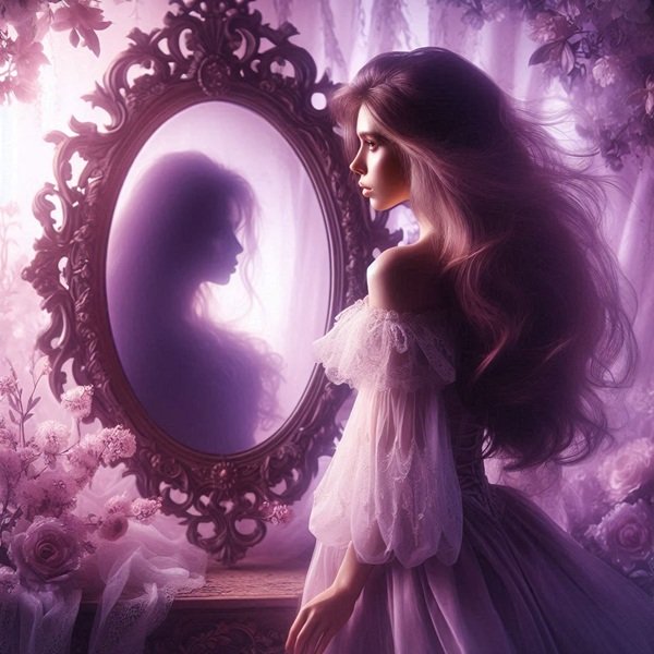 femeie cu parul lung se uita in oglinda